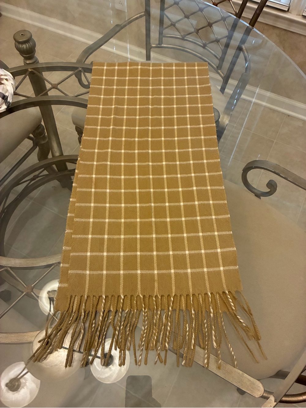 Dior Camel Plaid Fringed Scarf